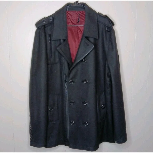 Affliction Coat Mens 2X Black Premium Skull Double Breasted Wool Grunge Goth